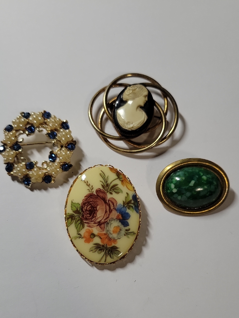 Assorted Floral and Cameo Vintage-Style Brooch Lot - Gold, Tone Green, Black